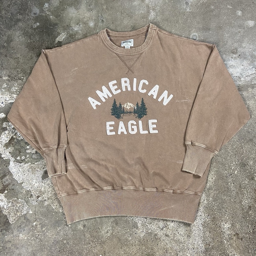 Y2K American Eagle Sweatshirt Size Medium Tan Crewneck Pullover Embroidered Logo